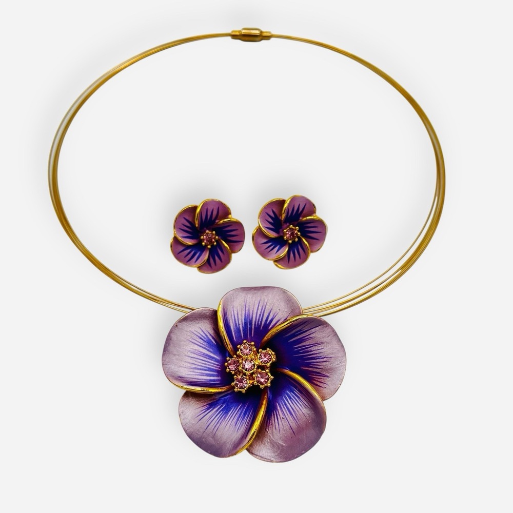 Vintage Purple Plumeria Necklace Earrings Enamel Crystal Gold Trim Flower Choker